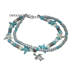 Beachy BoHo Turtle, Tortoise, Starfish Beaded Women’s 2 Strand Anklet.